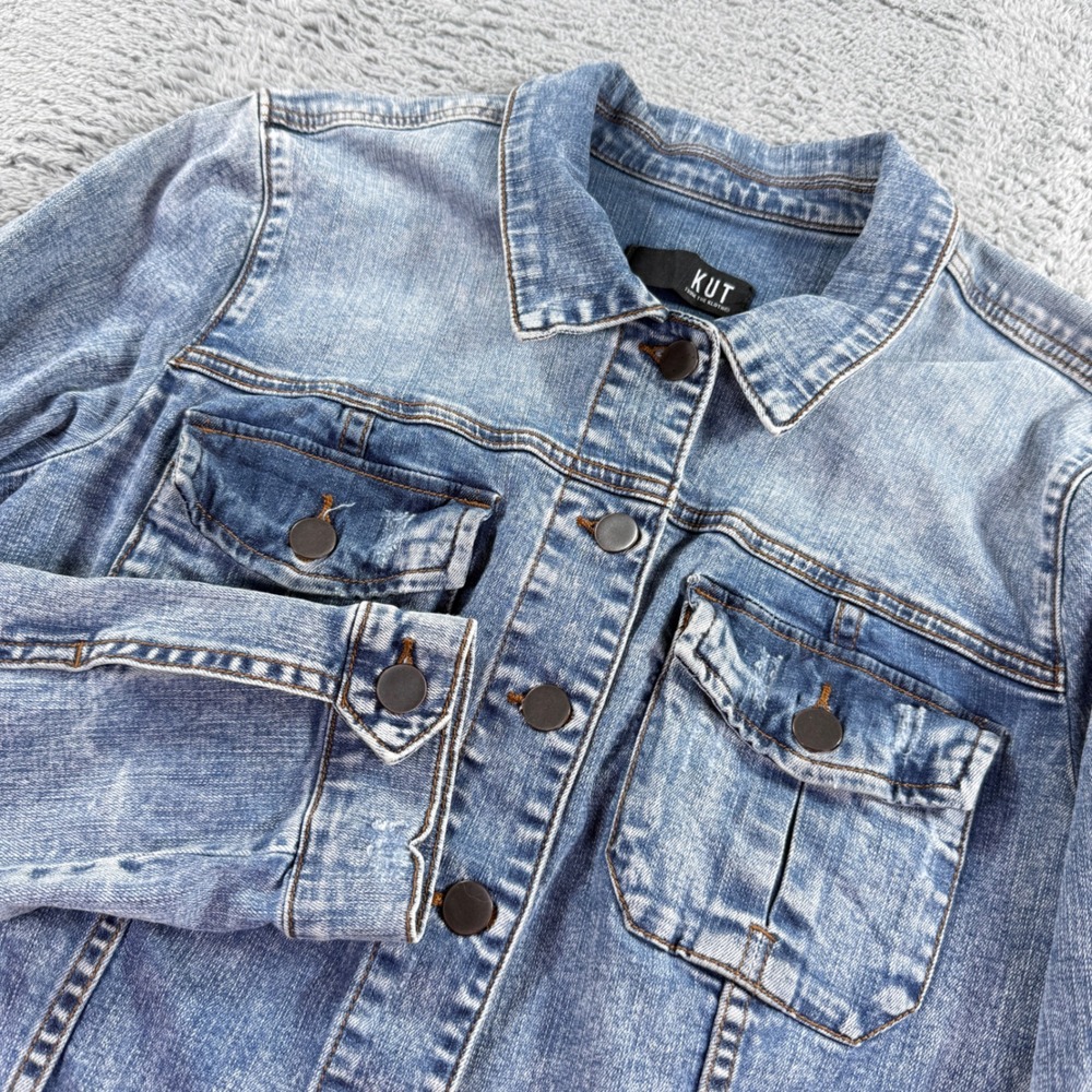 KUT from the Kloth Denim Jacket Women Medium Blue Excellent Raw Hem Boho
